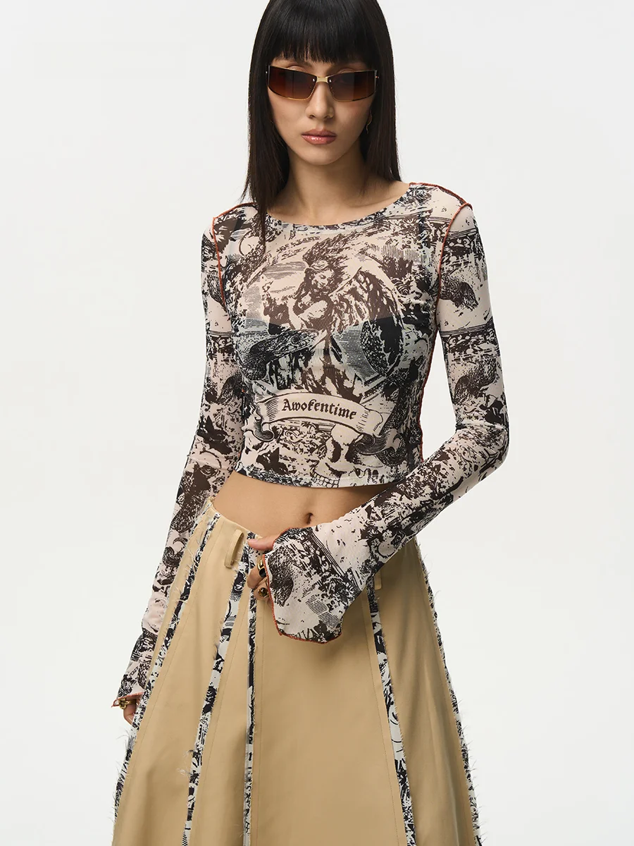 

AWOKENTIME Original Design Printed Me Base irt round Ne Thin T-irt Spring New Sle Casual Slim Fit Women's T-irt