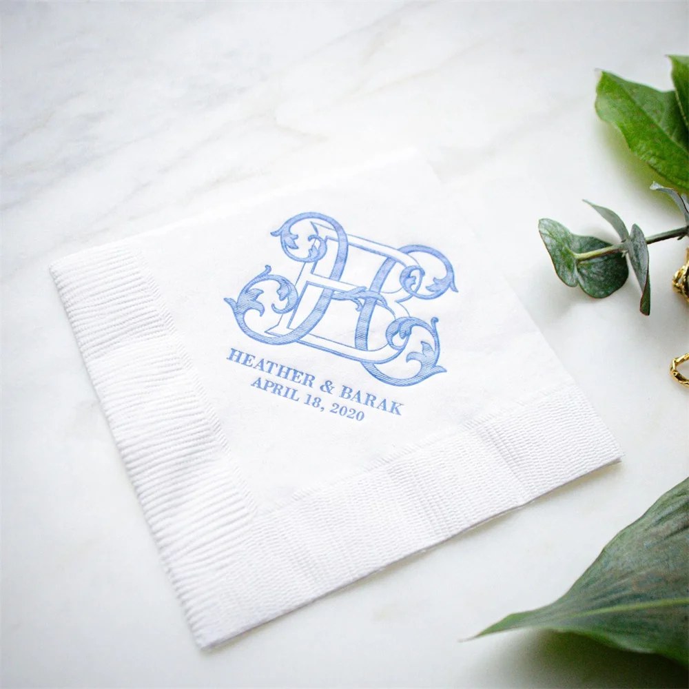 

50PCS Wedding Logo Napkins, Interlocking Monogram Custom Cocktail Napkins, Foil Printed Napkins, Personalized Napkins, Customize