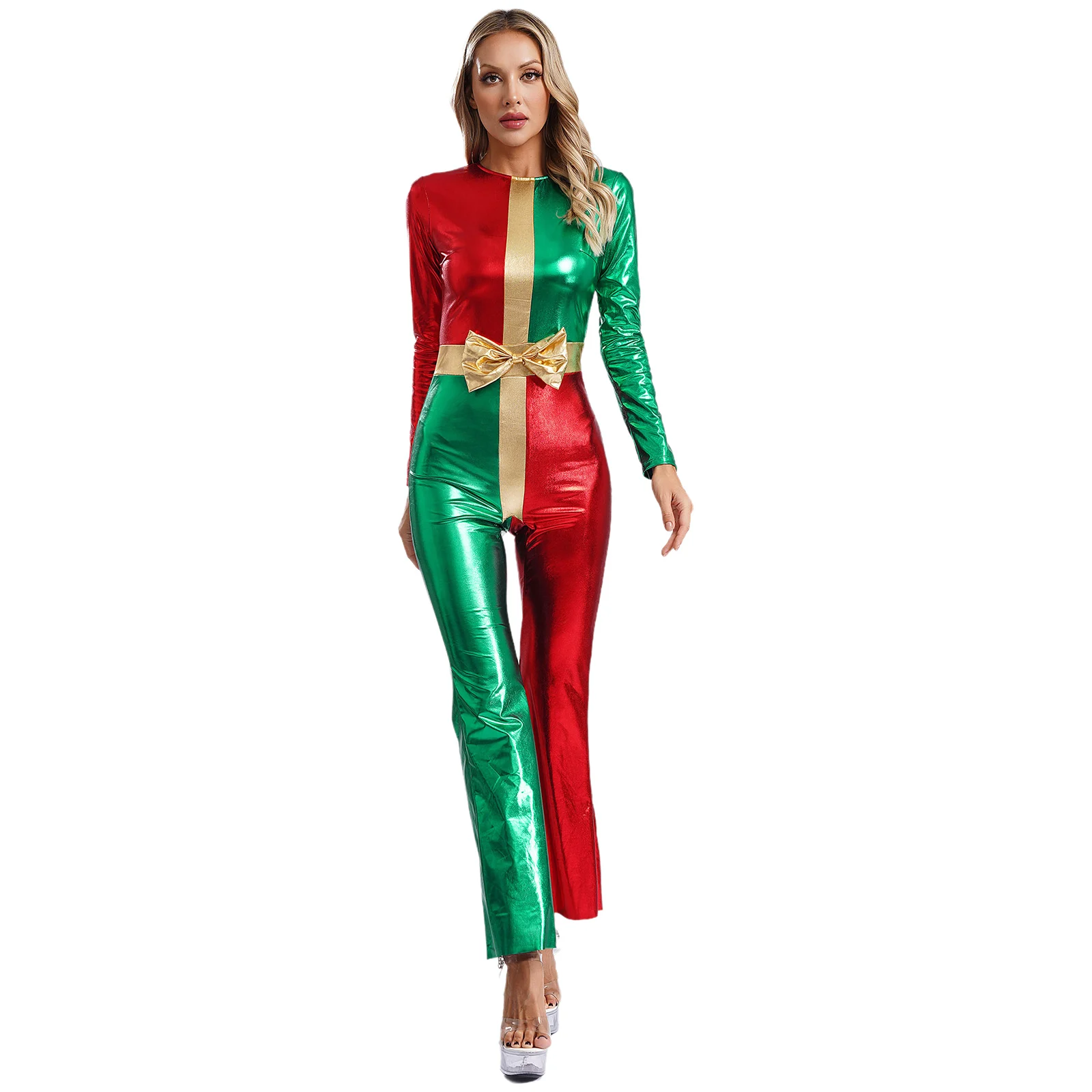 Women Christmas Costume Shiny Metallic Bodysuit Long Sleeve Bell Bottom Color Block Jumpsuit Holiday Theme Party Fancy Dress Up