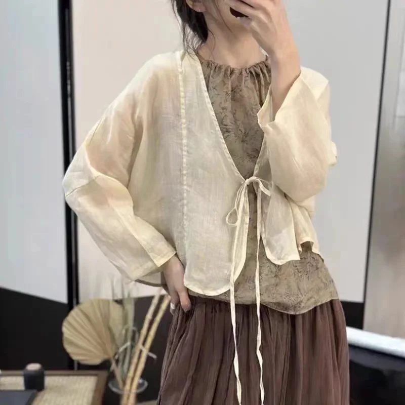 

Korean Style Vintage V-Neck Cotton Linen Shirts for Maternity Cape Solid Color Sunscreen Shirt Belt Lacing Pregnant Woman Blouse