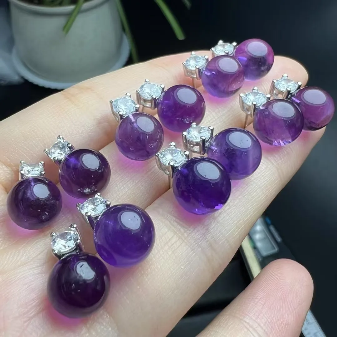 1 Pair Fengbaowu Natural Amethyst Sphere Earring 925 Sterling Silver Crystal Reiki Healing Stone Fashion Jewelry Gift For Women 4