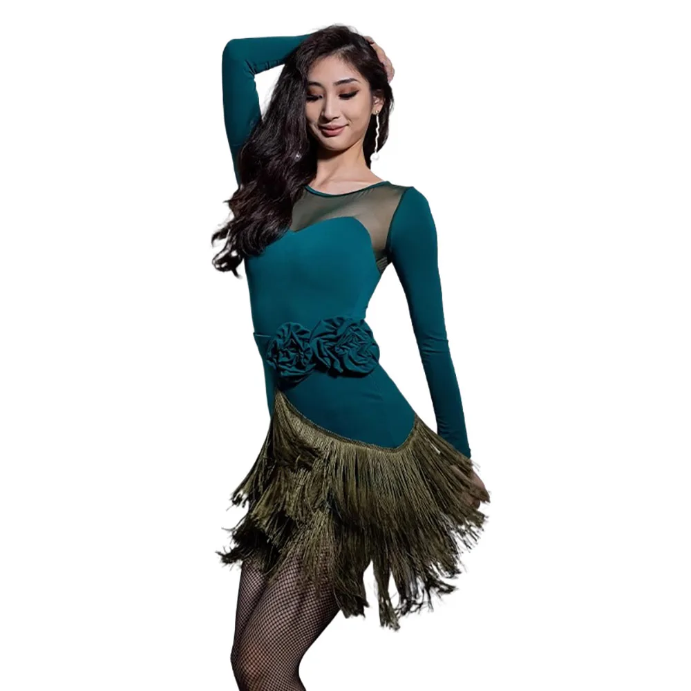 Latin Dance Stage Performance, Mesh Stitching, Tassel Hemline, Cha Cha Tango Female Adult Stage Professional Dress