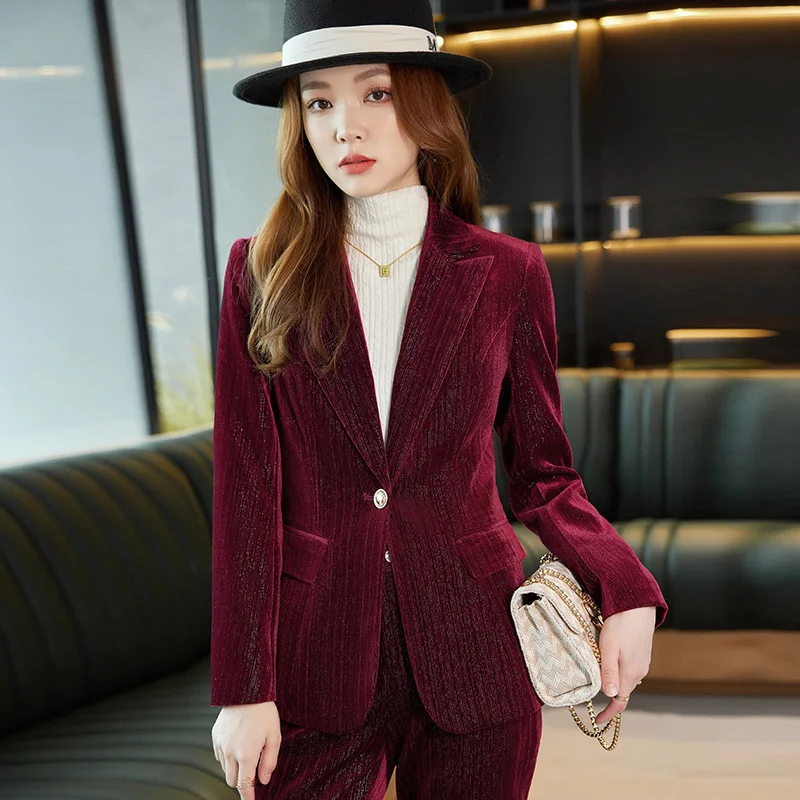 Costume d'affaires en velours de haute qualité pour femmes, avec pantalon et veste, manteau pour femmes, tenue de travail de bureau, blazer, ensemble pantalon