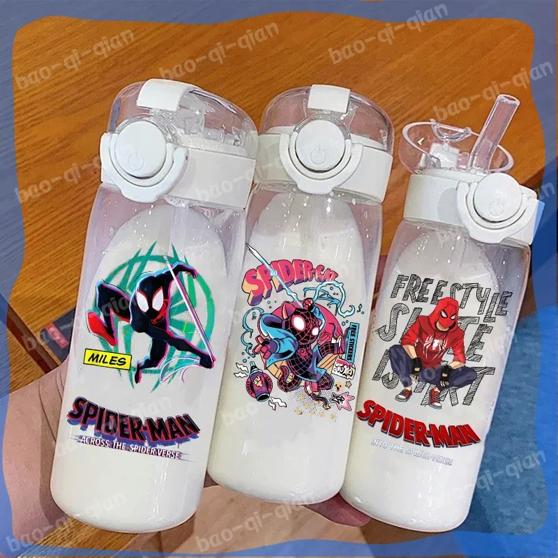 Transparent Drinking Water Cup Anime 400ML/600ML Spider Man Large Capacity Straw Plastic Water Bottle Portable