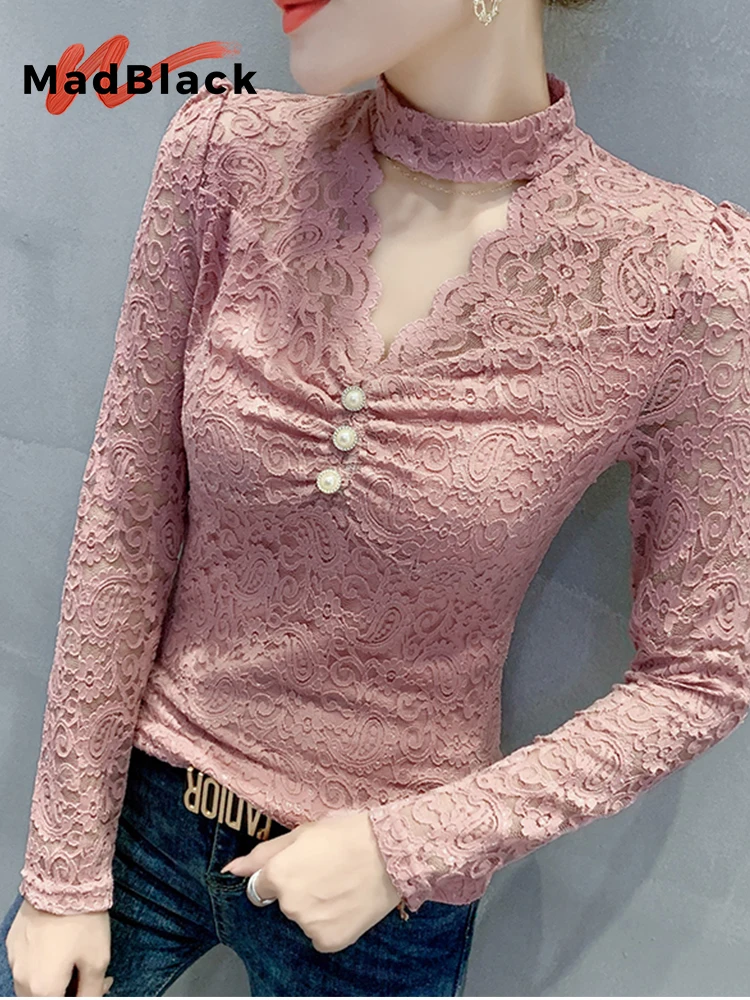 

MadBlack New Sexy V-neck Hollow Out Lace Blouse Women's Long-Sleeved Halter Autumn Button Slim Bottom Tshirts Tops T31709X