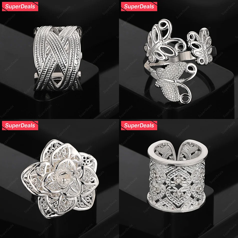 

SuperDeals 925 Sterling Silver Heart Butterfly Flower Cross Braid Open Ring Women Gift Fine Pretty Jewelry Engagement Party