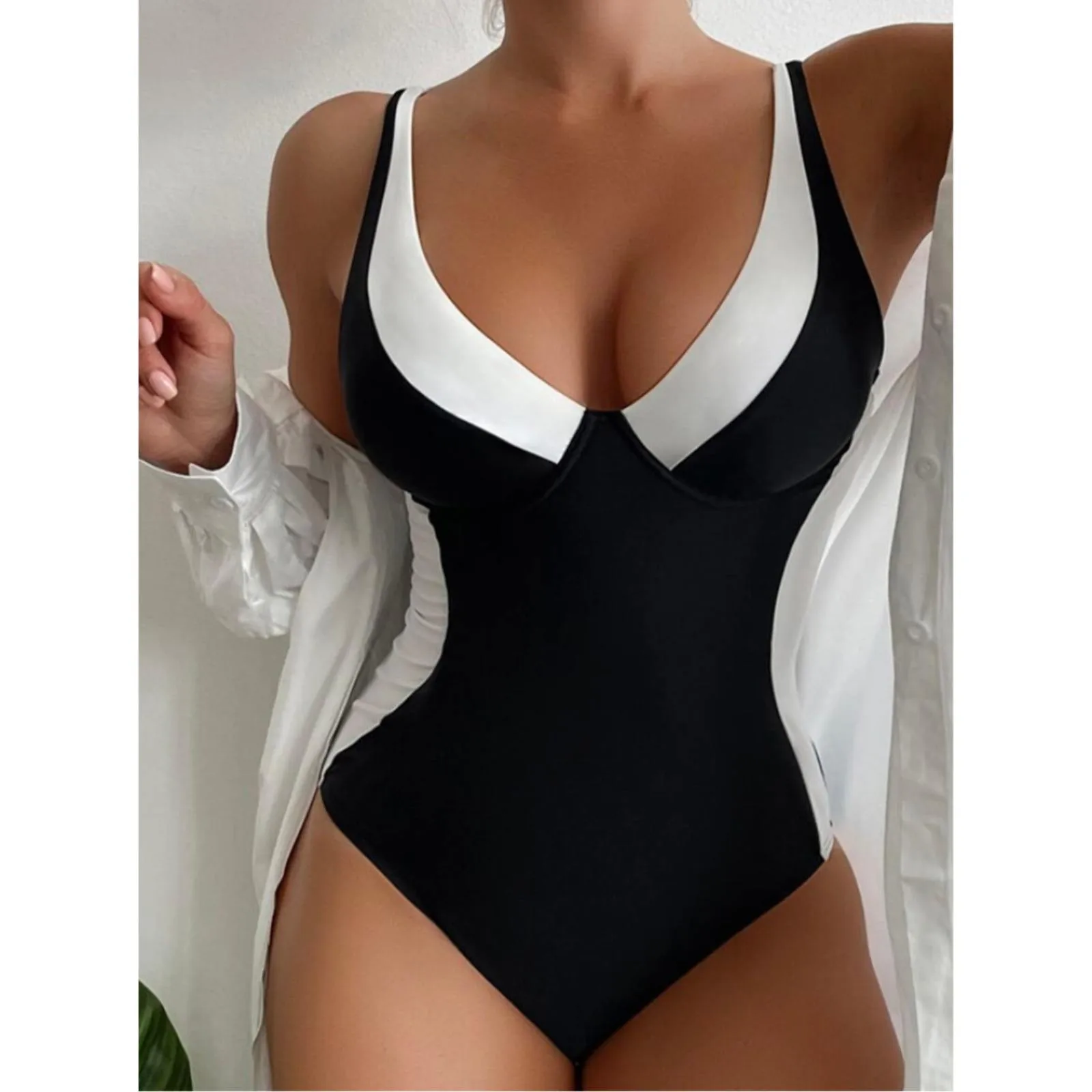 

Ladies Swimsuits Normal One Piece Swimwears High Waist Deep V Neck Solid Color Patchwork Slimming Fit Bathing Suits Bikini