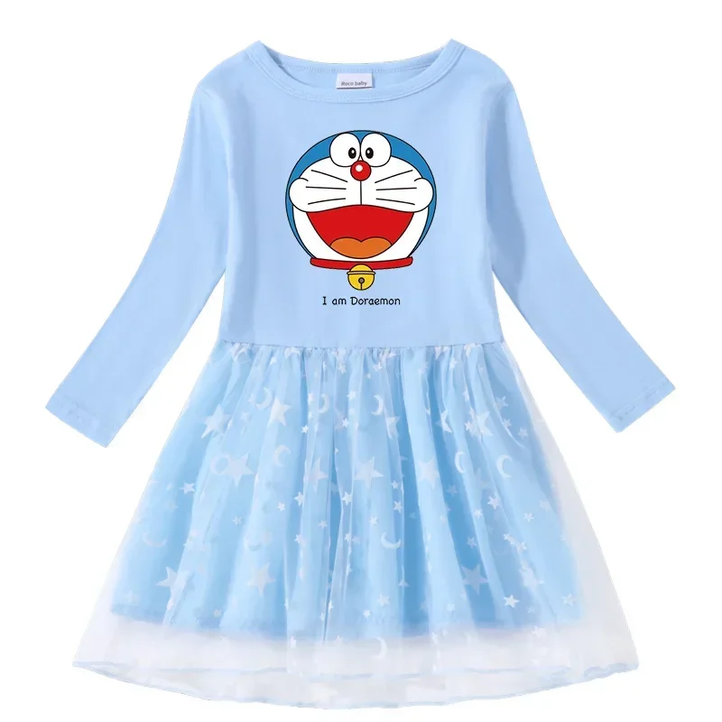 Doraemon 2022 Spring and Autumn New Cross-border Girls Dress Cotton Print Cartoon Star Moon Mesh Long Sleeve Princess Dress