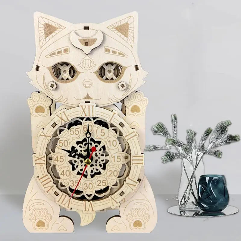 Katze Uhr Montage Modell Gebäude Kit Holz Katze Uhr Montage Modell 3D Katze Uhr Design Holz Handwerk Hobbys Kit Für Wohnzimmer