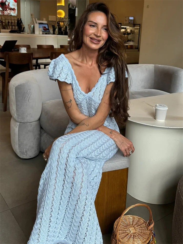 Tossy Ruffled Hollow Out Knit Long Dress Women V-Neck Fashion Patchwork See-Through Beach Holiday Dress Knitwear Female Dress view 2