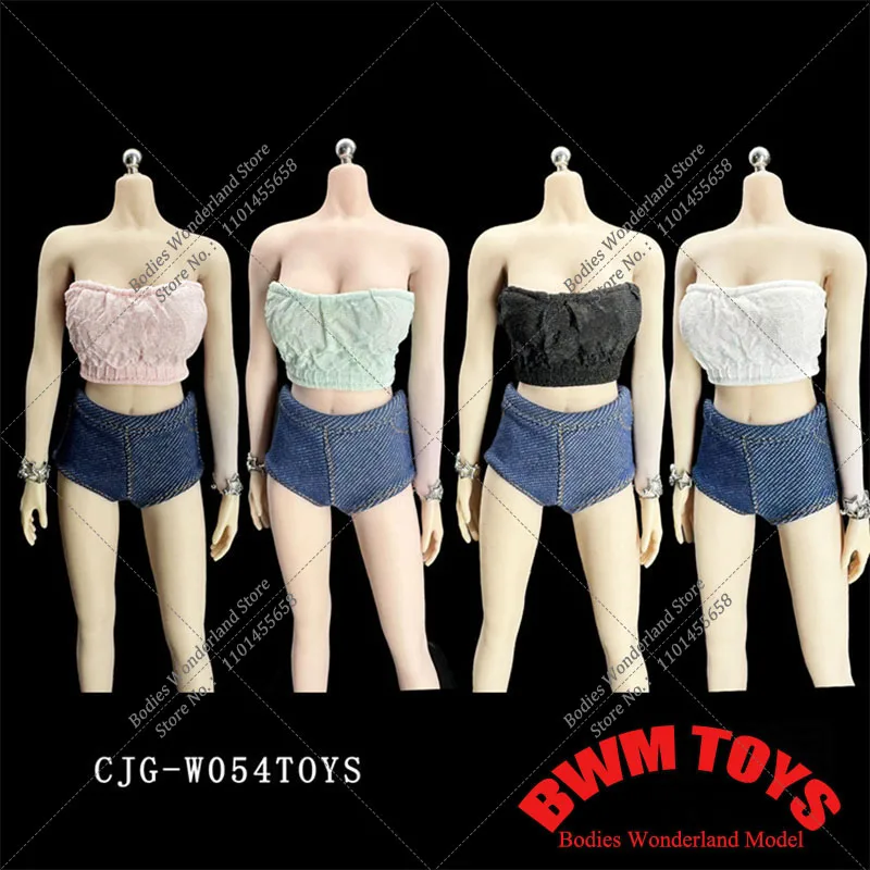 CJG-054 1/6 Women's Wrinkle Wrap Chest Bra Short Top Bottoming Denim Shorts Clothes Model For 12