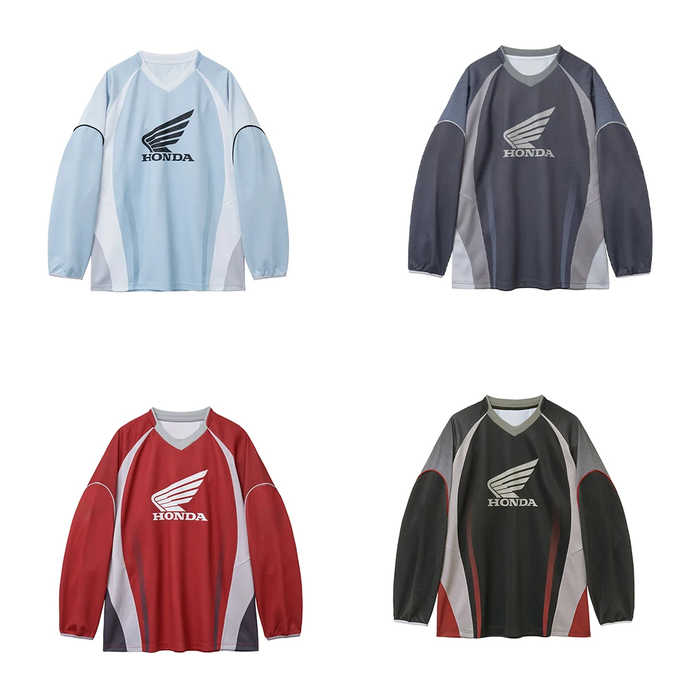 New Family Matching Honda Blue V-Neck Long Sleeved Cycling Suit Motocross Oversized Breathable Casual Sports Top MenWomen