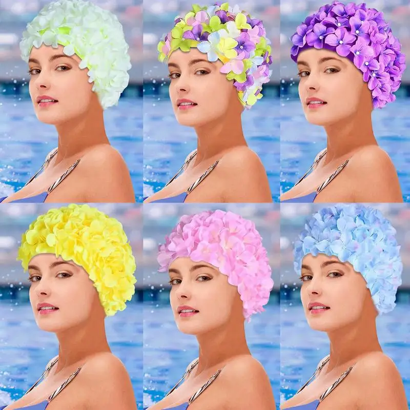 Gorro de baño con flores 3D para mujer, gorro de baño transpirable hecho a mano, capucha de buceo de pelo largo suave, protección para los oídos, accesorios para piscina