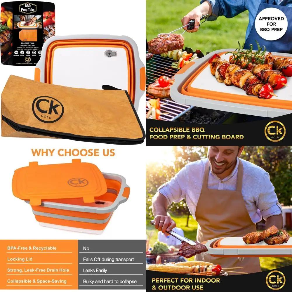 

Extra Large Collapsible BBQ Prep Tub with Locking Lid, Meat Resting Bag, BPA Free, Foldable Cutting Board, Leak Proof, Strong Dr