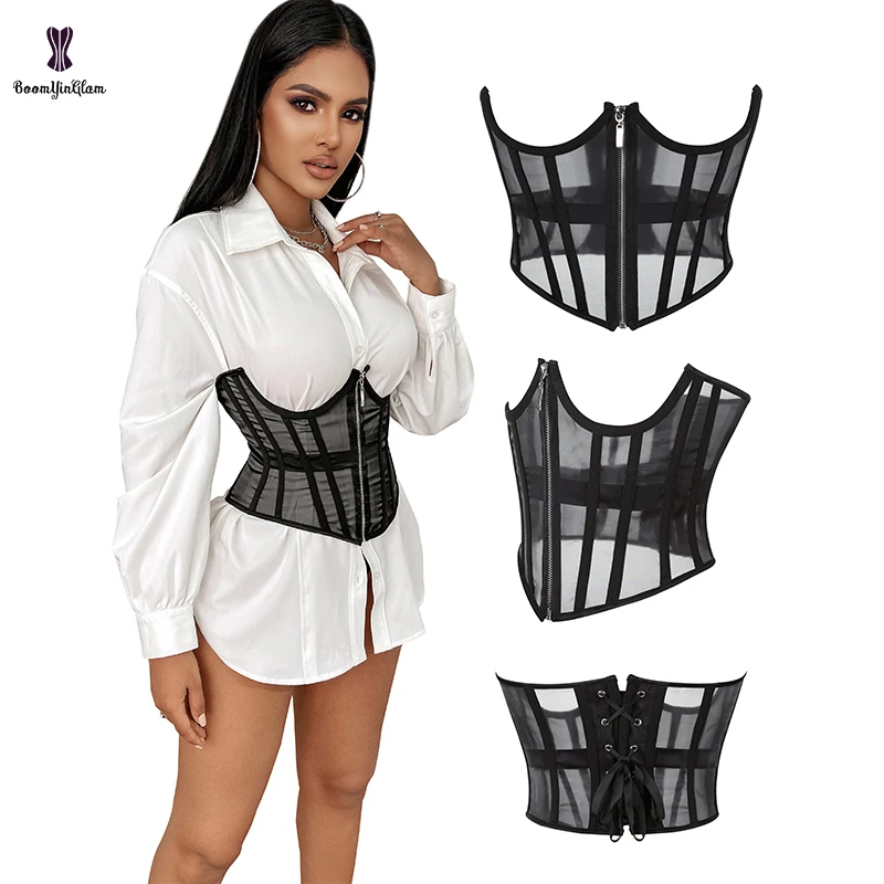 

Summer Transparent Lace Korset Women Zip Up Waist Trainer Bustier Mesh Underbust Corset With Zipper Hourglass Body Shaper