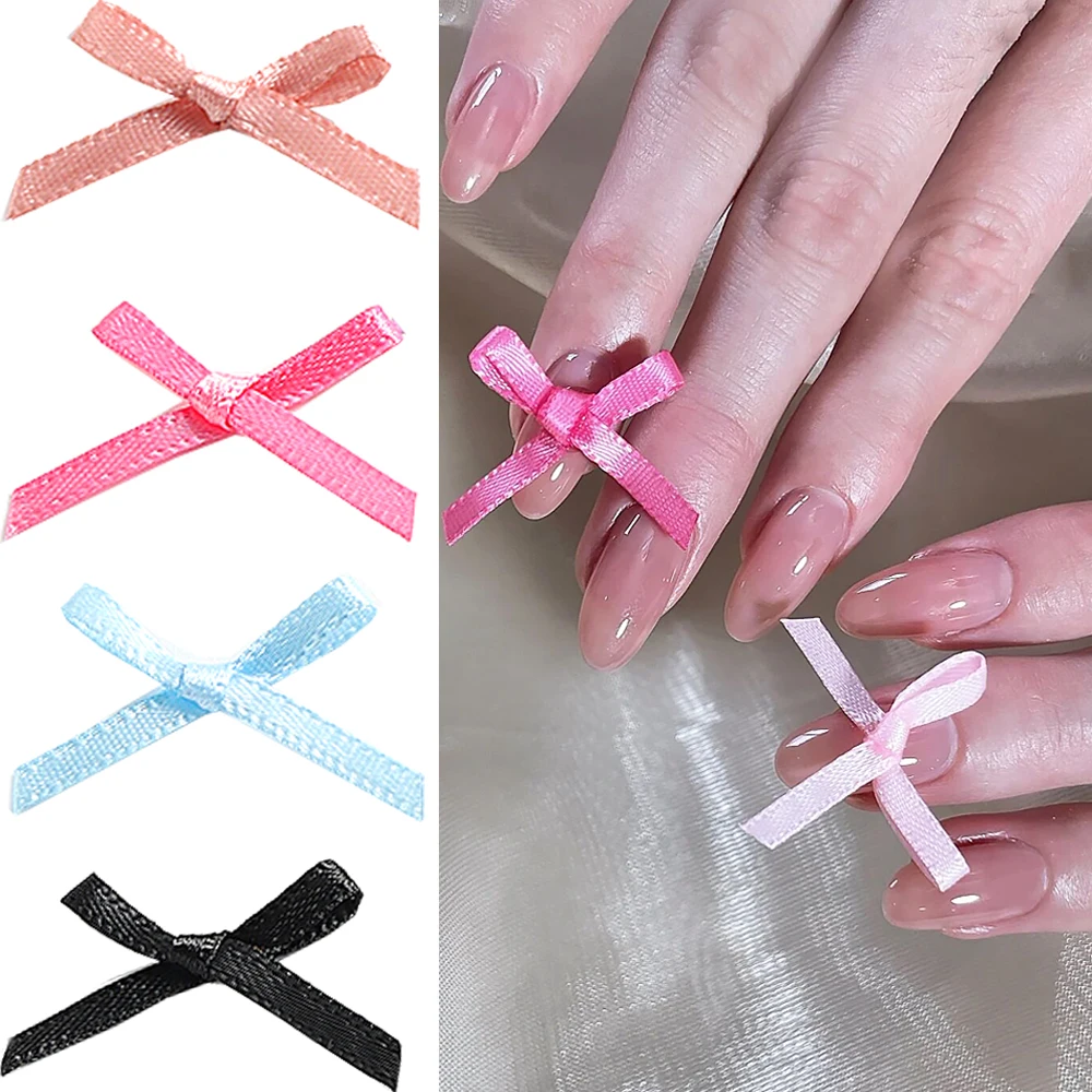 30Pcs Ribbon Nail 3D Decorations Bowsknots Acrylic Pink White Rhinestones Charms Kawaii Jewelry Manicure Accessories LEBSH-P