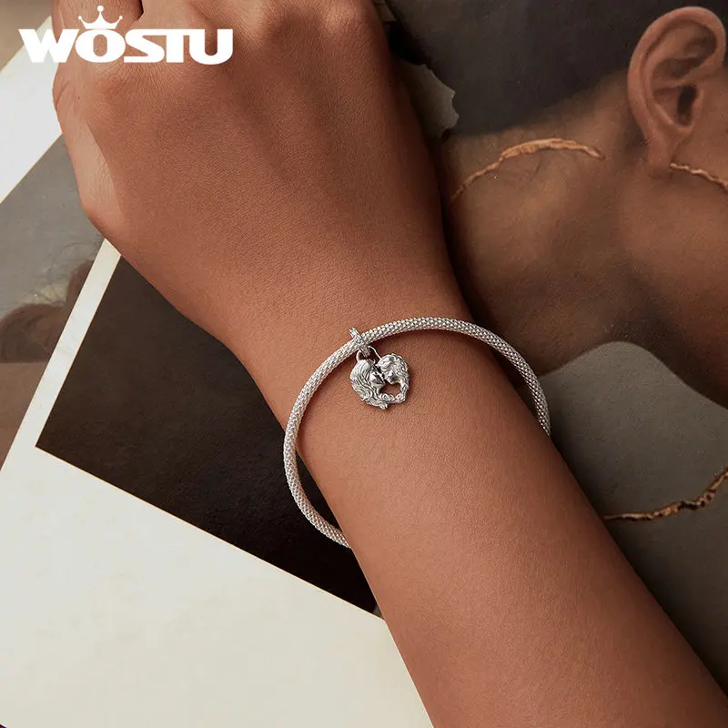 WOSTU 925 Sterling Silver Retro Family Heart Pendant Embossed Silicone Safety Chain Fit Original Bracelet Gift for Mother's Day