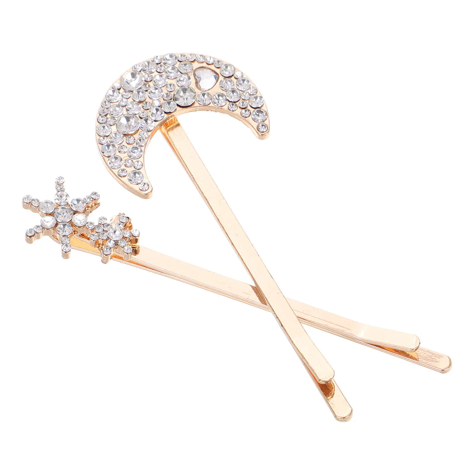 2Pcs Moon Star Hair Clips Zinc Alloy Exquisite Crafted Decorative Hairpins Rhinestone Sparkle Bobby Pins Retro Vintage Women