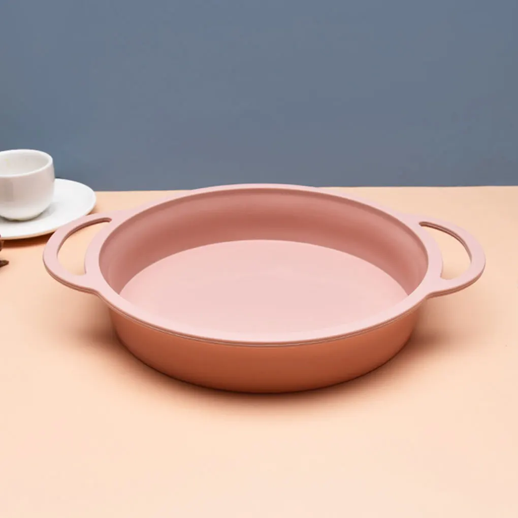 Loyang Cetakan Kue Silikon Anti Lengket dengan Pegangan Peralatan Memanggang Bulat Merah Muda