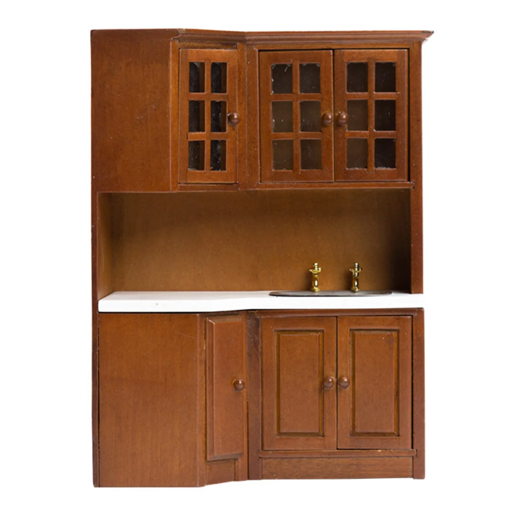 1/12 Kitchen Dining Room Kitchen Cabinets with Sink Furniture Model for Decor Craft Brown