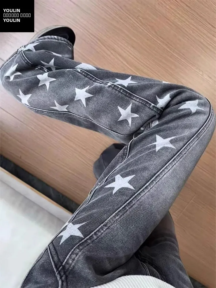 

Retro Sle Men's Slim Fit Straight Leg Jeans Winter High Waist Knife Design Five Pointed Star Pattern Casual Wear