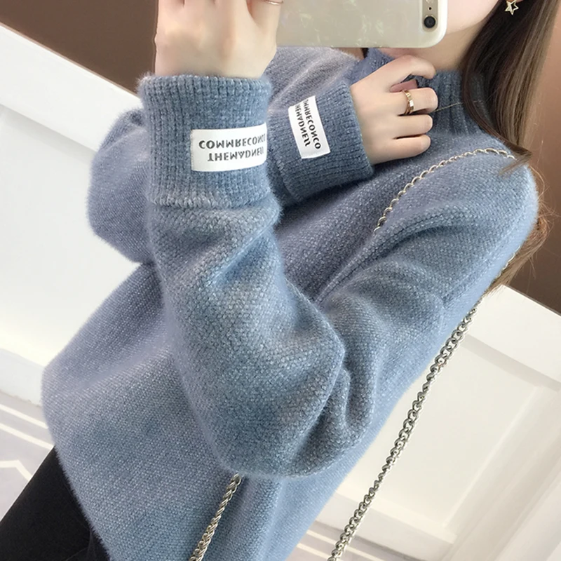 

Women's High Collar Thiened Mink Sweater Loose Lazy Overhead Knitted Winter 2020 New Sle Warm Polyester Long Sve Top