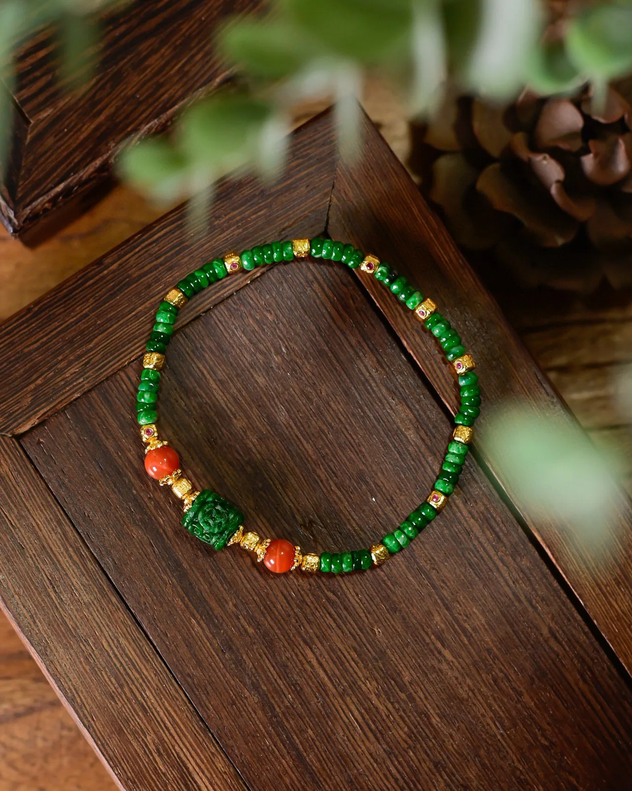 

Natural Grade A Jadeite & Red Agate Bracelet, Square Carved Huiwen Beads in 925 Silver, Wealth Attracting Energy Jewelry