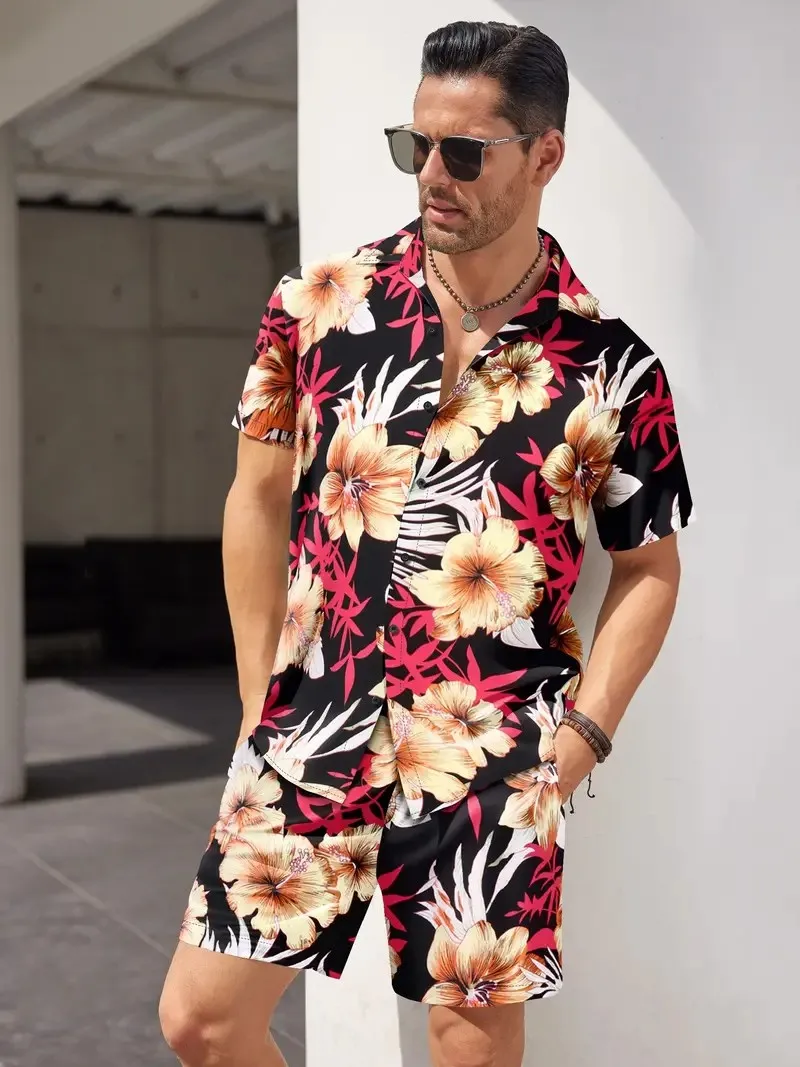 Tropical Plant Flowers 3D Print Men Shirt Sets Fashion Short Sleeve Shirt Casual Beach Shorts Streetwear Hawaiian Suits Clothes