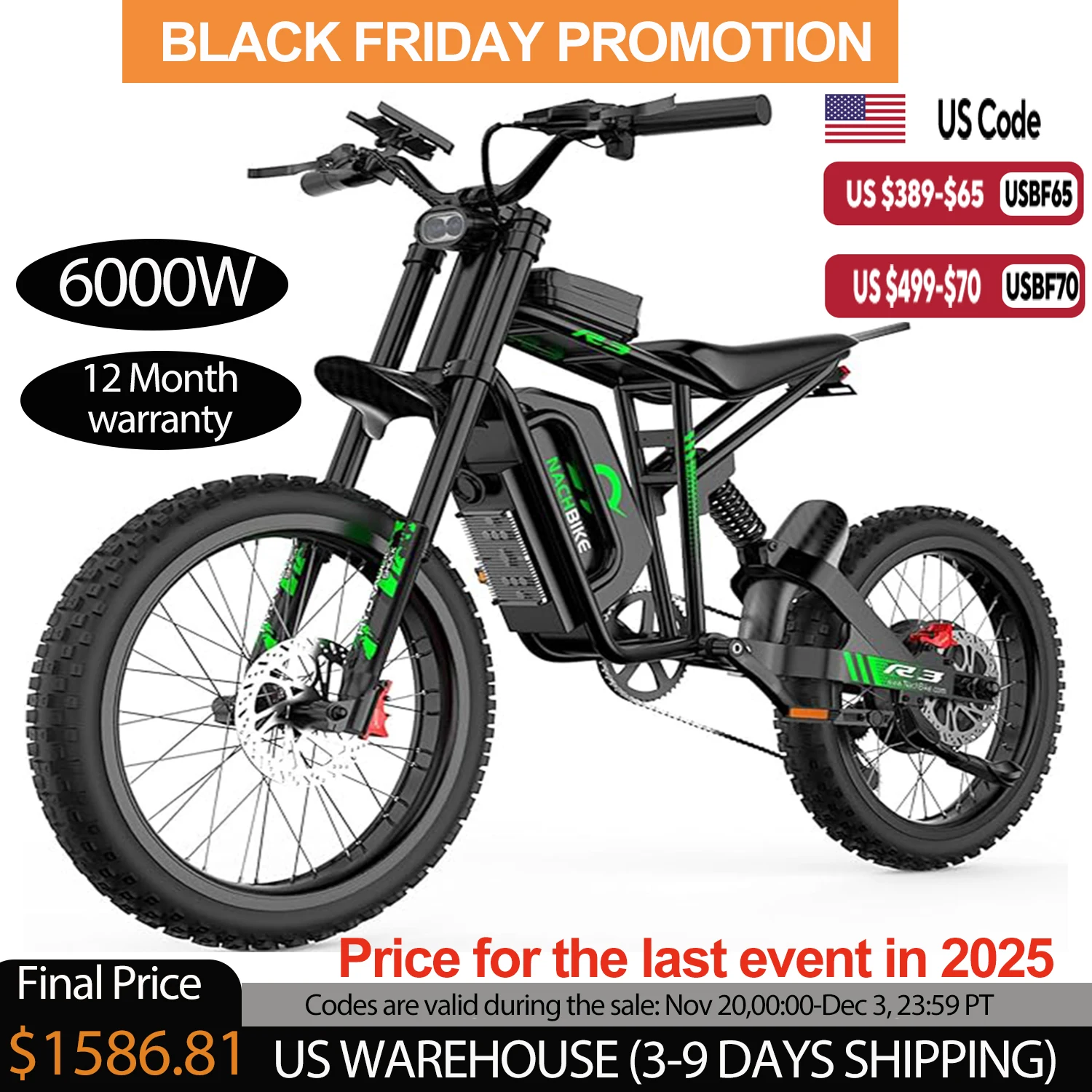 

NEW R3 Electric Dirt Bike Peak 6000W Brushless 50MPH 50 Miles Ebike with 60V25Ah Battery 19" Tires Off Road Electric Motorcycle