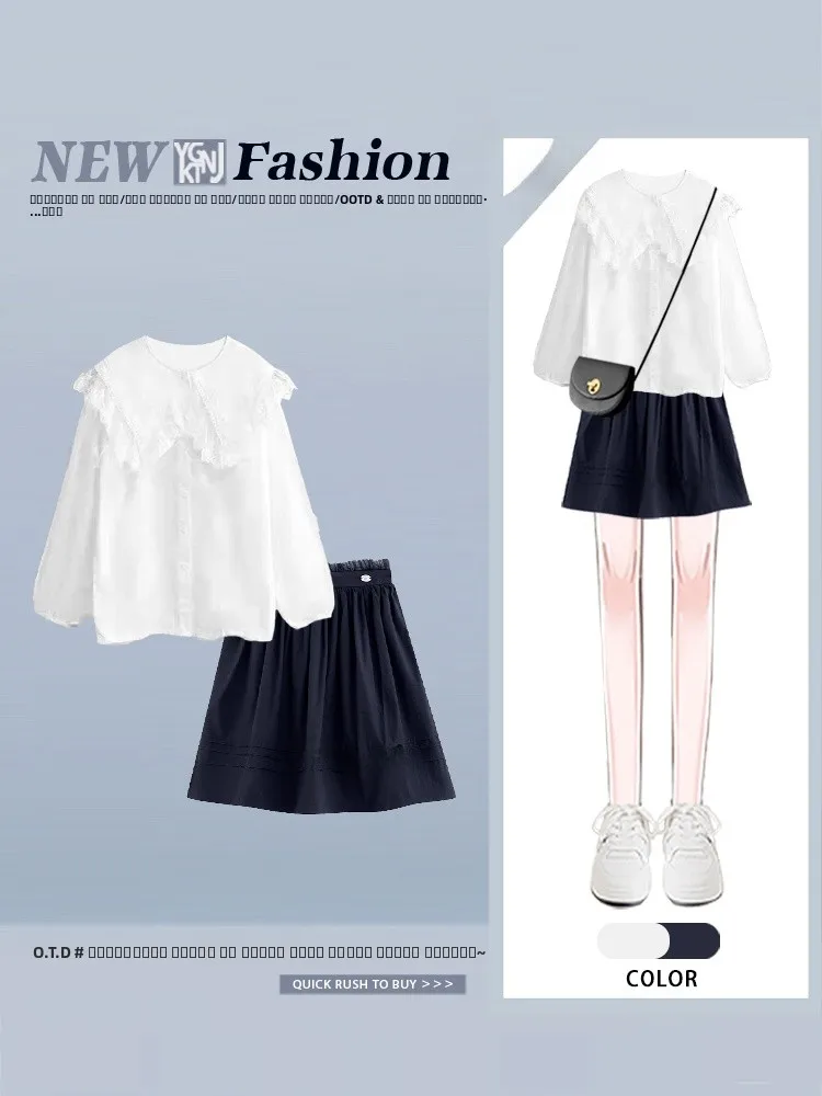 

Sweet Girl's Autumn Outfit Set 2025 College Style Doll Collar Shirt And Skirt Two-Piece Ensemble Long Sleeve Button-Up S...