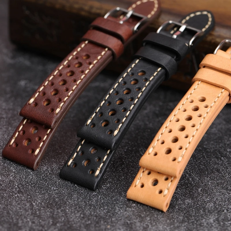 Genuine Leather Breathable Porous Watch Band 18mm 19mm 21mm 20mm 22mm Vintage Cowhide Watch Strap Replacement Bracelet Belt