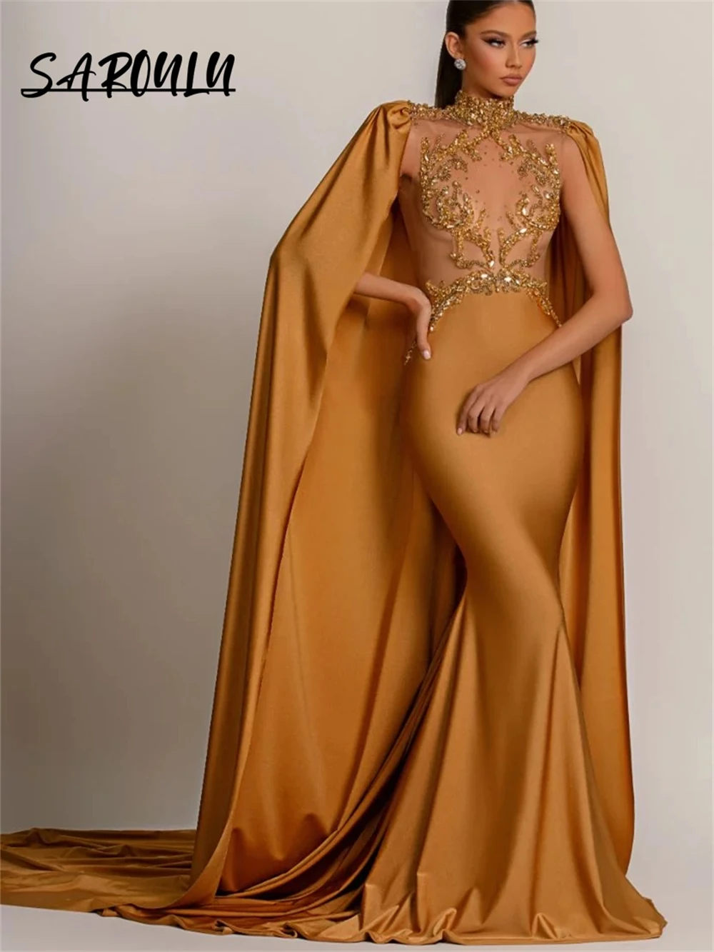 Luxury Hand-sewn Beaded Prom Dress Satin Cape Long Sleeves High Neck Illusion Rhinestones Long Maxi Evening Dresses Plus Size