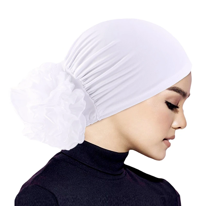 Women\'s Hijabs Turban Big Flower Elastic Cloth Hair Bands Hat Beanie Ladies Muslim Solid Hair Loss Scarf Cap Hair Accessories