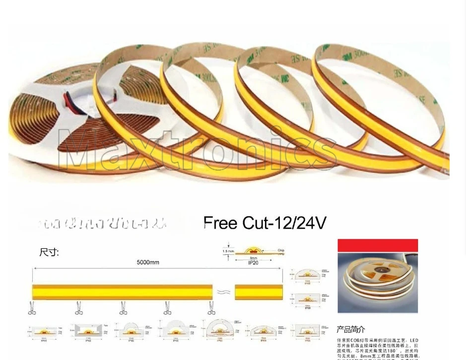 5m/rolo corte livre cob led luz de tira 528leds/m 8mm largura pcb quente/branco natural/branco frio iluminação linear 12/24v fita flexível