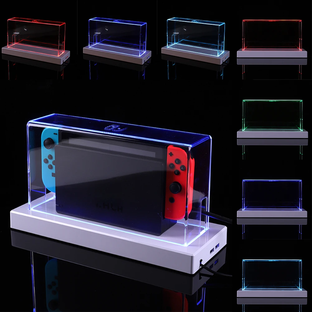 For Switch Dust Cover Transparent Acrylic Protective Case with 16 Color LED Light Controller Base Cover for Nintendo Switch OLED