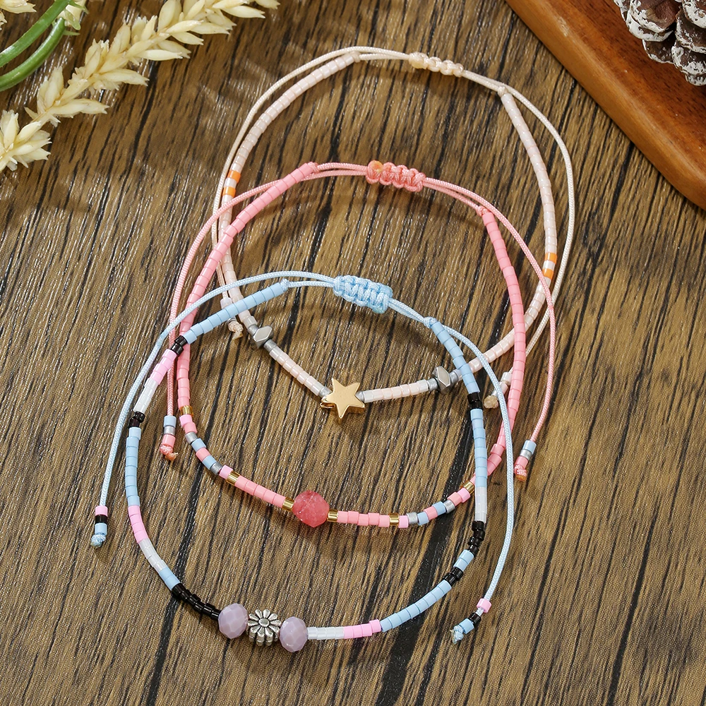 

3Pcs/Set Simple Handmade Rope Rice Beads Bracelet Fashion Small Daisy Star Natural Stone Charm Bracelet Couple Jewelry
