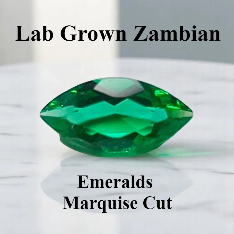 

Lab Grown Zambian Emeralds Marquise Cut Hydrothermal Hand Cutting with Cracks Inclusions Inside Selectable Certificate