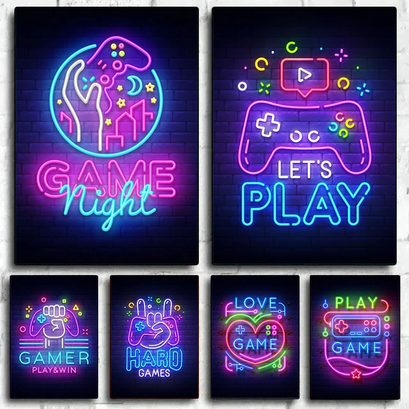 Gaming Quotes Game Night Love Game Neon Art Poster Canvas Painting Abstract Wall Art For Playroom Home Decoration Cuadros No LED