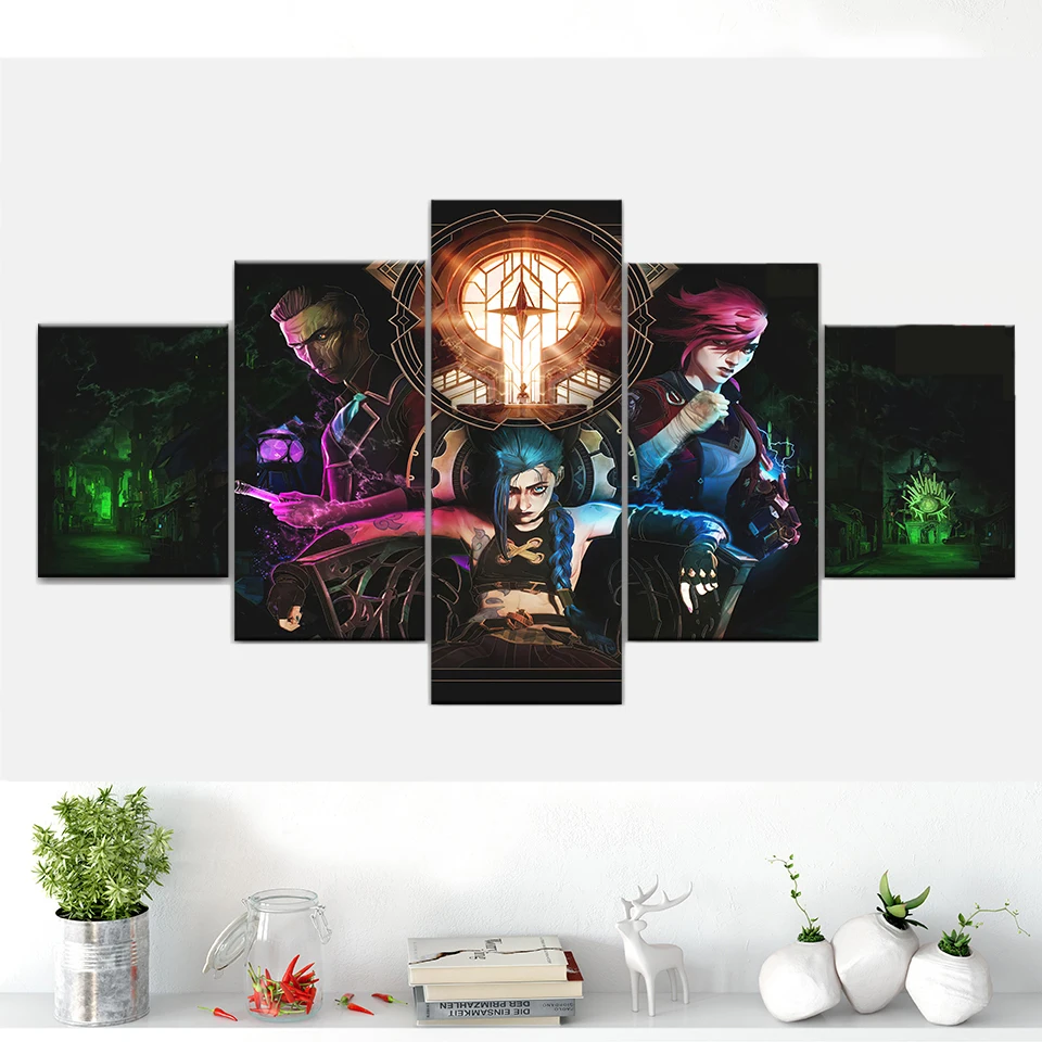 Arcane Jinx Vi League Of Legends Tv Game No Framed Canvas 5 Pcs HD Wall Art Posters Pictures Home Decor Paintings Decoration