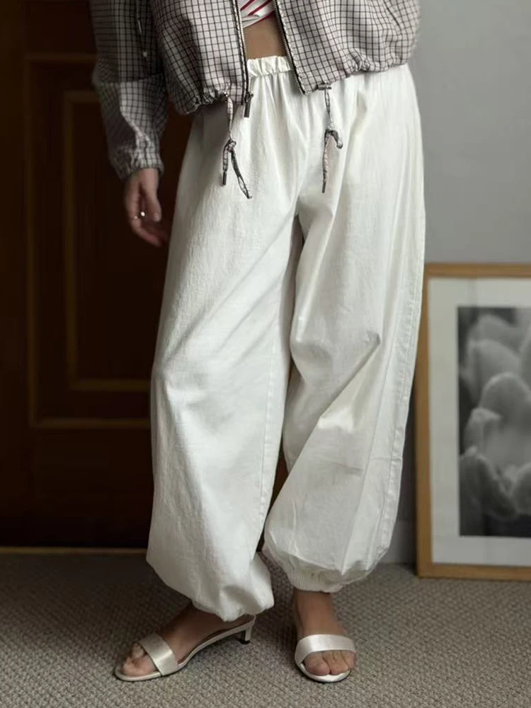 Wide Leg Red Pants For Women Cotton Long Bloomers White Autumn Elastic Waist Lantern Trousers Women Straight Practice Pants Lady
