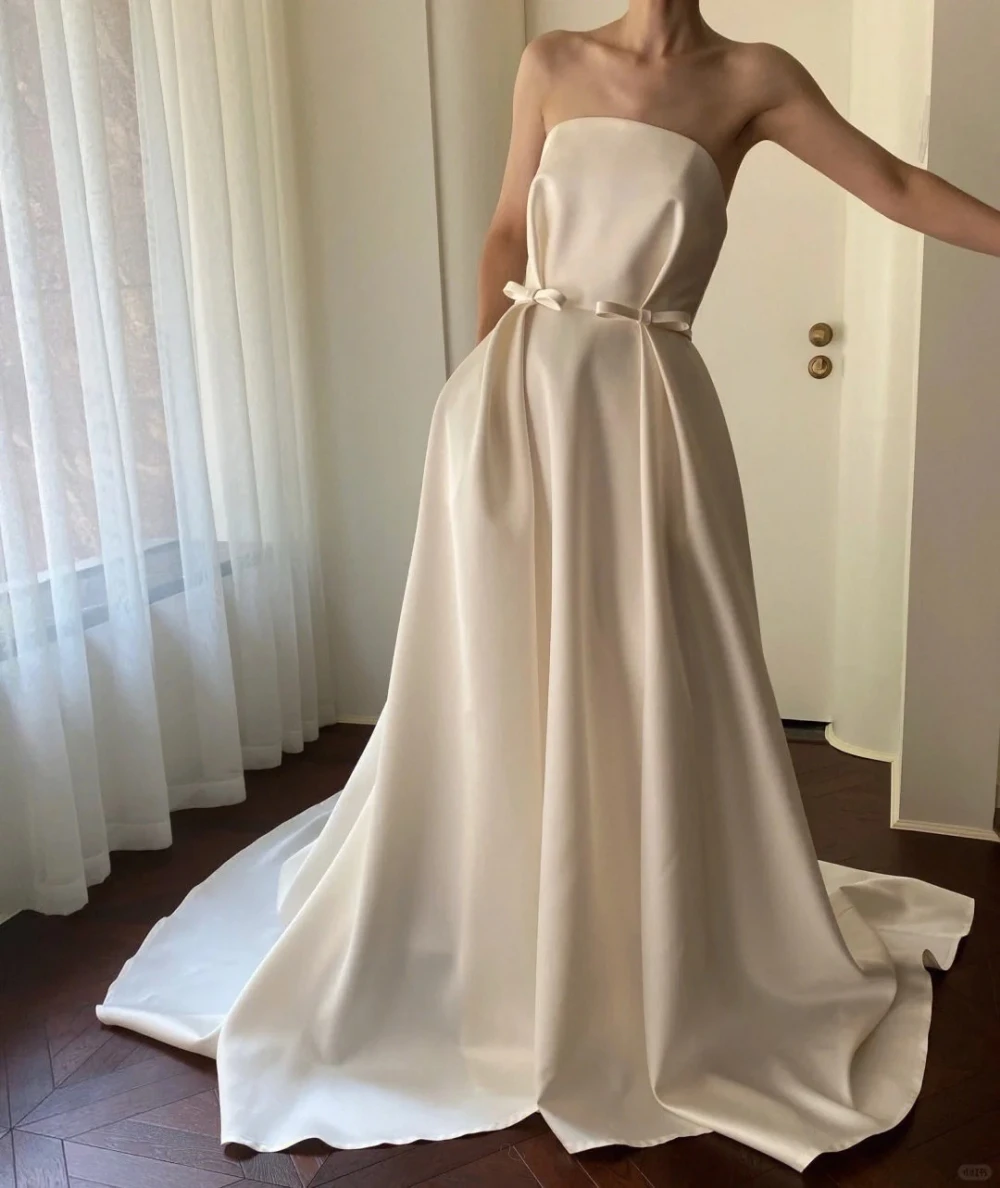 

Simple Satin A Line Wedding Dresses Sheer Long Sleeves Bow knot Applique Sweep Train Bridal Wedding Gowns