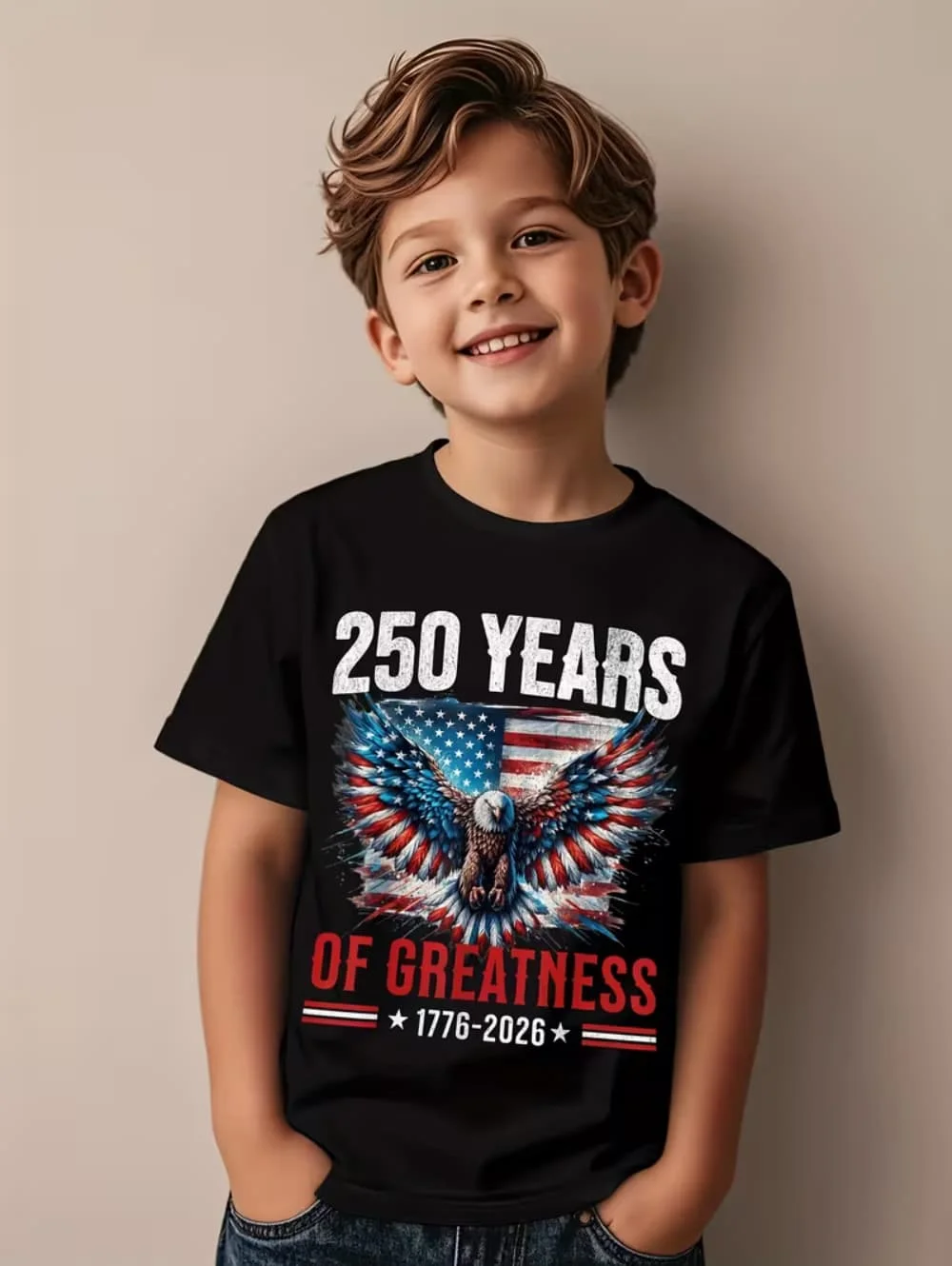 T-Shirt for Kids America 250th Birthday Eagle Flag 250 Years 1776-2026 Unisex Kids Tops Casual Style Vintage Children's Clothing