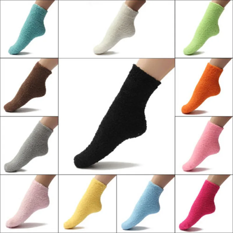 Women's Bed Socks Pure Color Fluffy Warm Winter Christmas Gift Soft Floor Home Candy Color Coral FLeece Velvet Socks Dropship