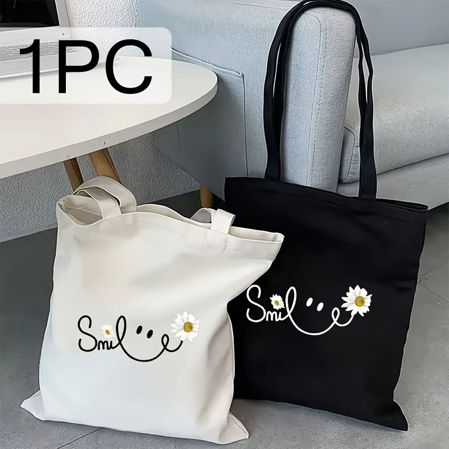 

Женская большая вместительная сумка с принтом улыбки и ромашки — белая, черная многоразовая сумка через плечо для покупок, повседневная сумка-кенгуру