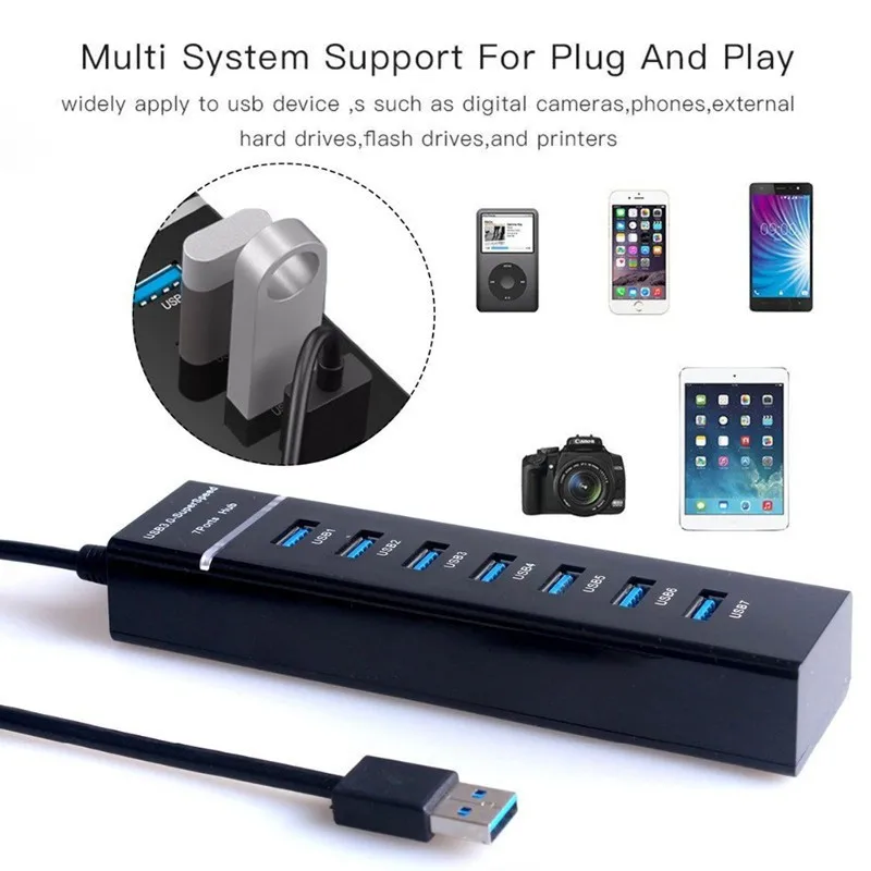 USB 3.0 7-port USB Splitter, adaptor Extender pemisah kecepatan tinggi Notebook untuk Mac Laptop Keyboard mouse hard disk seluler