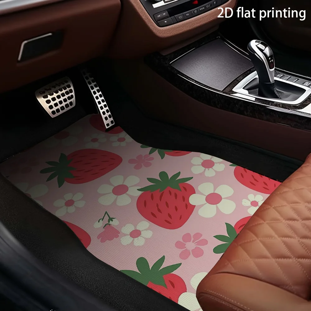 

4pcs Car Floor Mats, Strawberry And Flower Pattern Design, Material, Universal Fit For Front & Rear Seat Vehicle Accessories, We