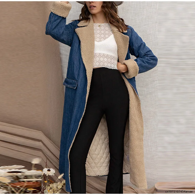 

Elegant Lambswool Denim Windbreaker Women With Belt Loose Lapel Lace-up Double Pocket Long Coat Autumn Winter Warm Windbreakers