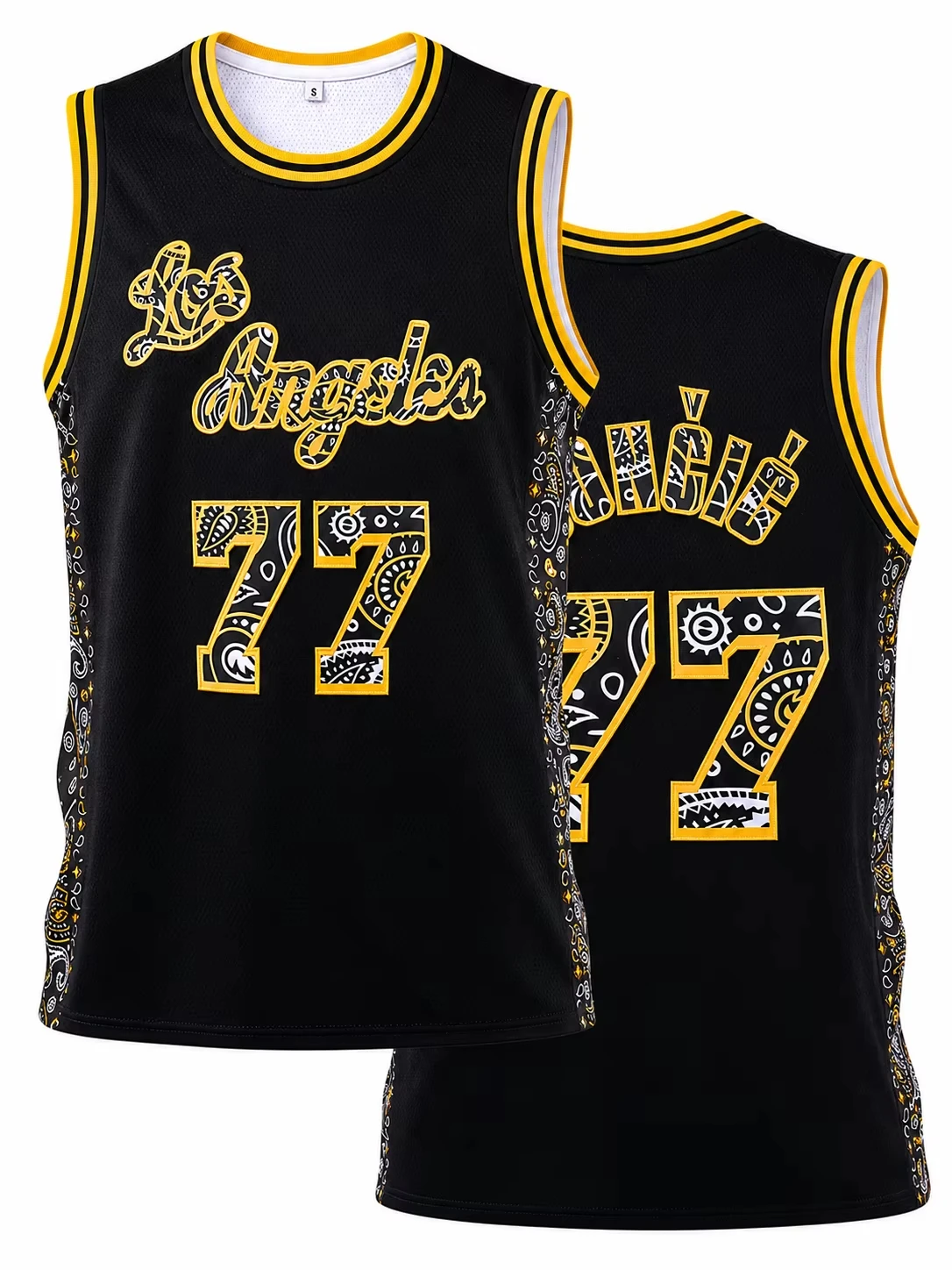 Retro Doncic 77 LA Style Jersey Purple with Light Blue Trim Sports Uniform Casual 3d Printed Vest Kids and Men Women