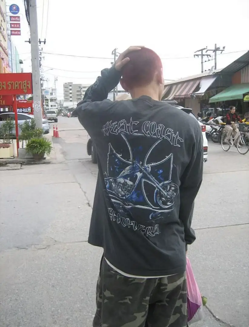 Oversized Washed Navy Motorcycle Cross Double Sided Long Sleeve T Shirt Men Streetwear Vintage Full Sleeve Print Cotton Tees