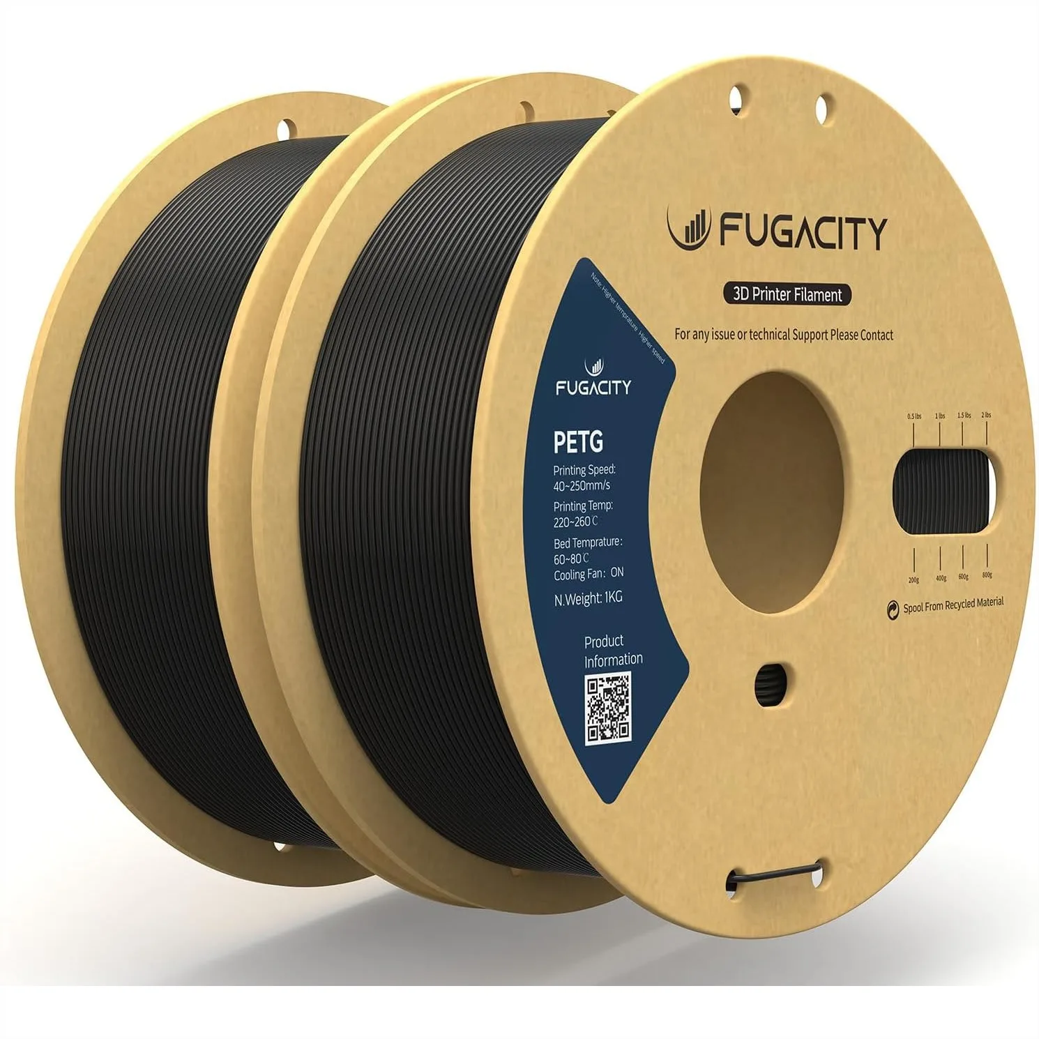 

PETG Filament 1.75mm Black 2 Pack 1KG Spools with +/-0.02mm Accuracy for FDM 3D Printers